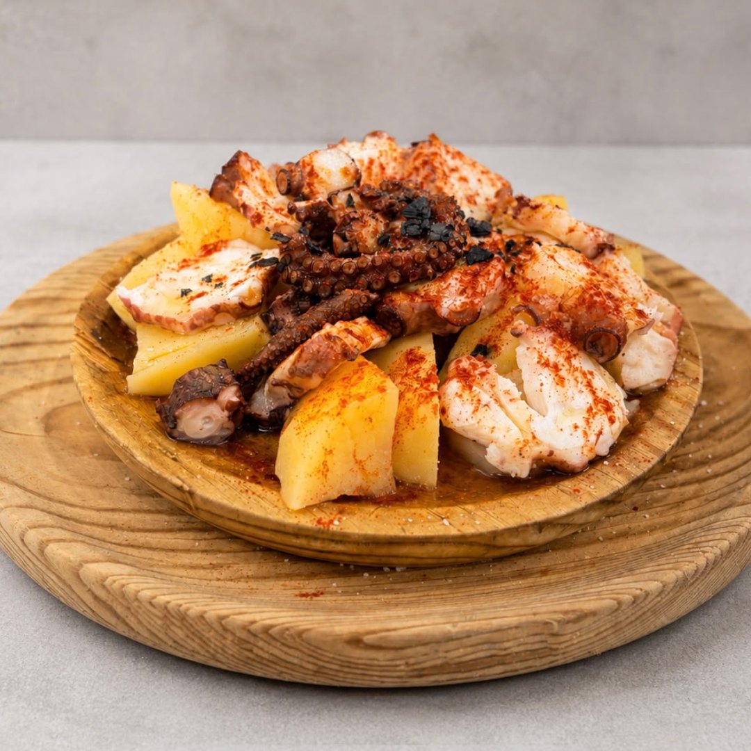 Plato de pulpo a la gallega del Bar Navia: pulpo cortado sobre cachelos, con pimenton y aceite